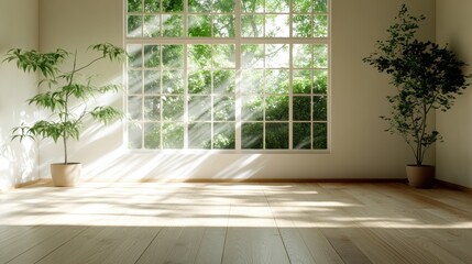Poster - This image showcases a bright, spacious room featuring large windows that let in sunlight, accented by green indoor plants on either side, creating a calming atmosphere.