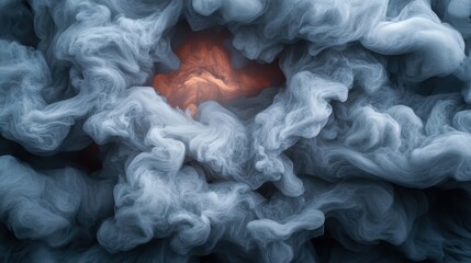 Poster - An intricate composition of swirling gray smoke, captivatingly layered with ethereal wisps that reveal a warm glowing center, evoking mystery and depth in a visionary landscape.