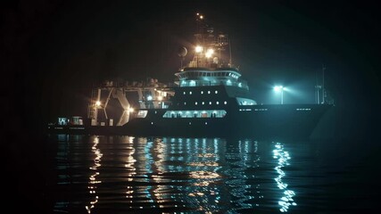 Poster - Modern research vessel sailing at night in a calm sea, with navigation lights and spotlights reflecting on the water surface, creating a peaceful and mysterious atmosphere