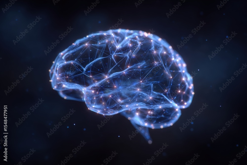 A glowing, digital brain structure showcases intricate neural connections illuminated with light. The background is dark, emphasizing the brains luminous features.