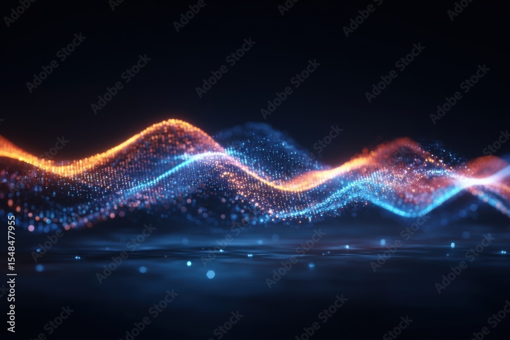 Bright waves of light in blue and orange dance across a dark background, symbolizing sound and energy. The colors pulse, creating a vibrant and dynamic visual effect, reminiscent of digital signals.