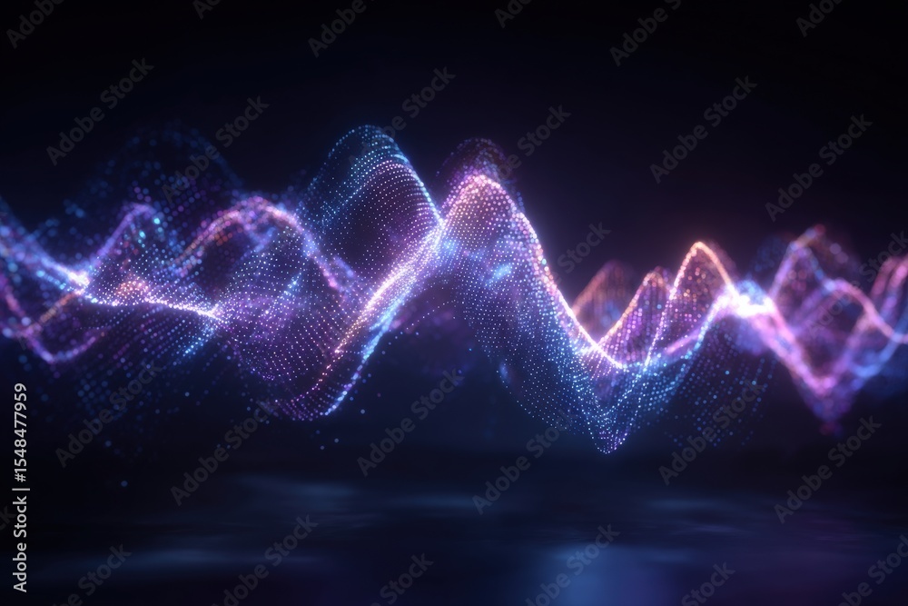 Colorful sound waves are depicted with intricate patterns and gradients in a dark space. The dynamic design creates a sense of motion and energy, showcasing the beauty of sound visualization.