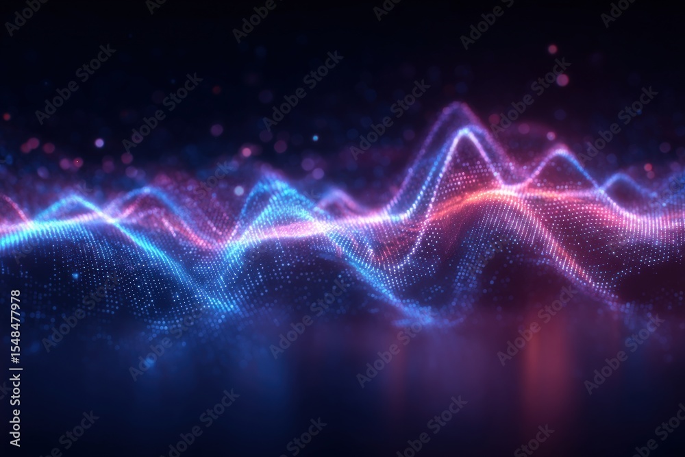 Vibrant sound waves of blue and pink hues rise and fall, forming an intricate pattern that represents audio frequencies. The background is dark, enhancing the vivid colors and detailing.