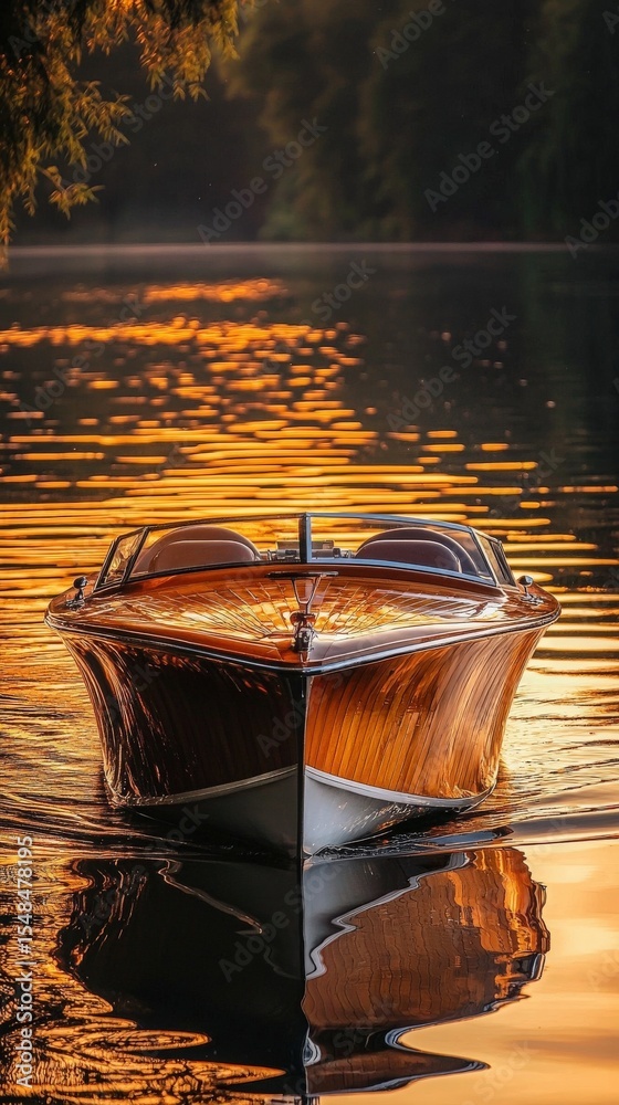 A classic wooden boat glides smoothly across a tranquil lake during sunset. The water reflects vibrant golden tones, creating a peaceful atmosphere surrounded by nature.