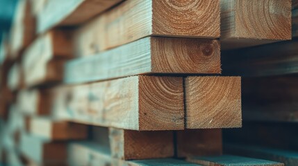 Poster - An abstract close-up of neatly stacked wooden beams, emphasizing the natural textures and patterns of the wood, creating a visually striking and artistic arrangement.