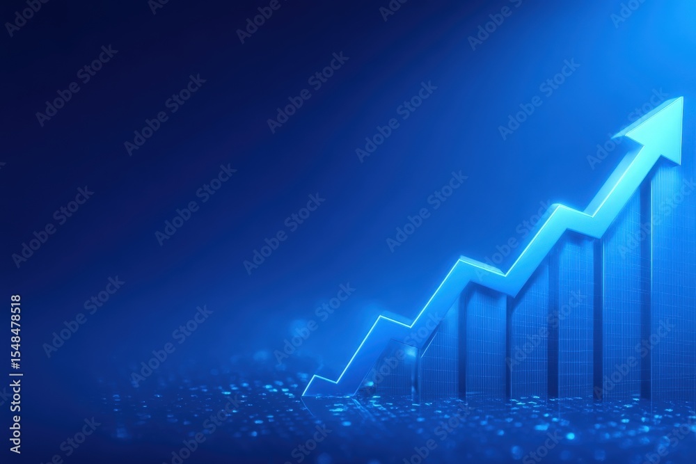 A glowing blue graph showcases an upward trend, symbolizing growth and success. The background features a digital theme, enhancing the feeling of progress in business or finance.