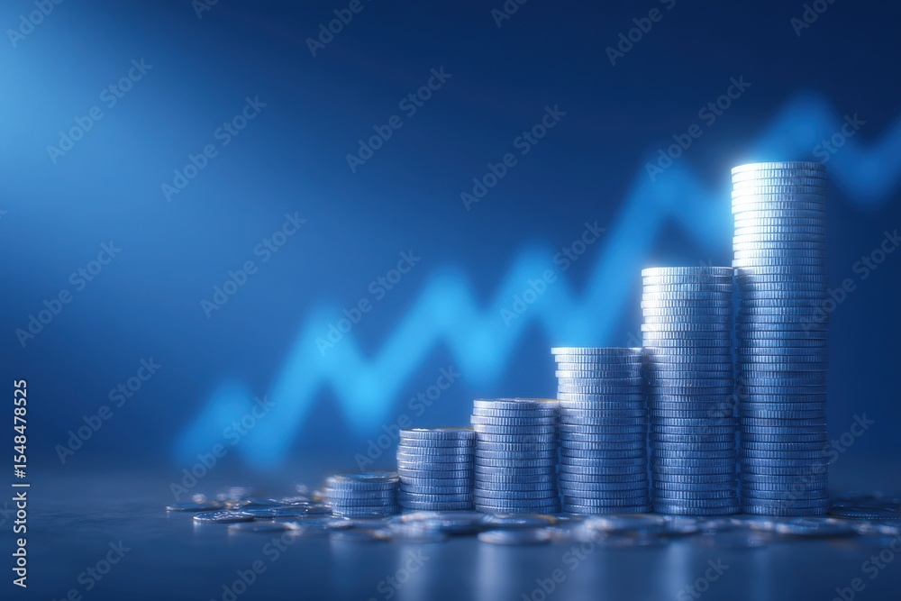 Stacked coins are arranged in ascending order, showcasing financial growth. A blue trend line in the background symbolizes increasing market trends. The focus highlights investment possibilities.