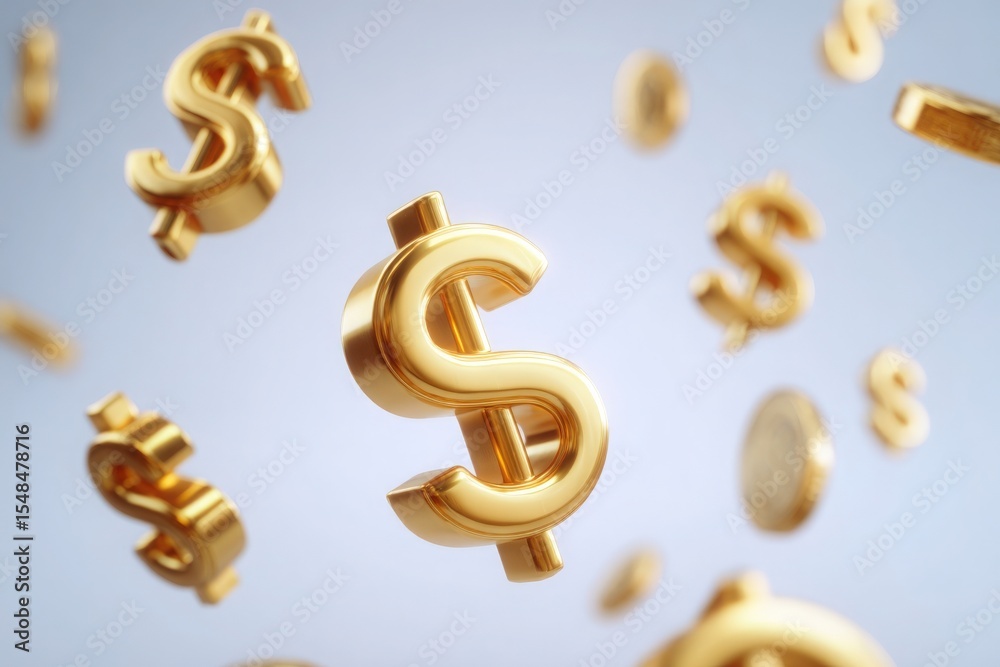 Gold dollar signs are scattered in the air against a soft, light backdrop, symbolizing financial success and abundance. The dynamic arrangement conveys a lively atmosphere of wealth and opportunity.
