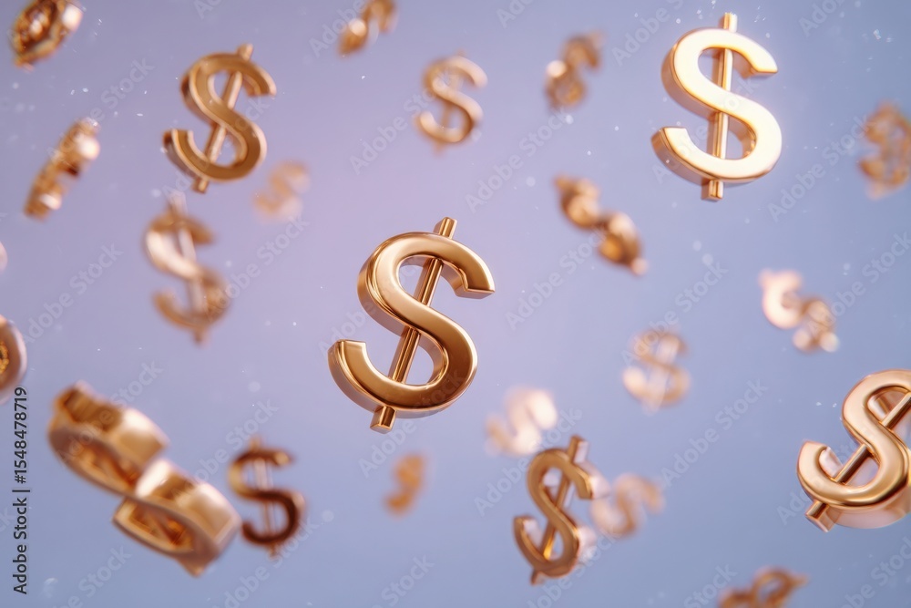 Golden dollar signs float in mid-air against a soft blue backdrop, creating a visual representation of wealth and prosperity. This captivating display suggests abundance and financial success.