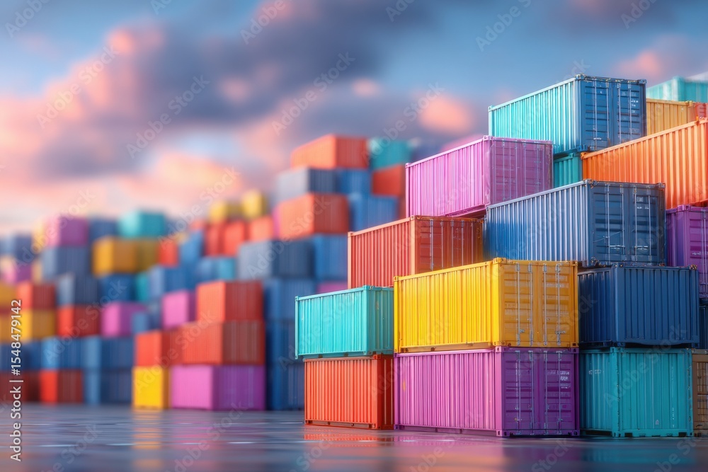 Colorful shipping containers are meticulously stacked at a busy port as the sun sets, casting a warm glow across the scene. The vibrant hues create a striking visual against the sky.