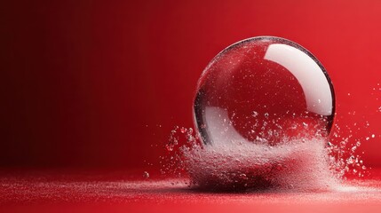 Poster - This captivating image features a soap bubble elegantly floating above a surface covered in sparkling foam, set against a vibrant red background that enhances its beauty.