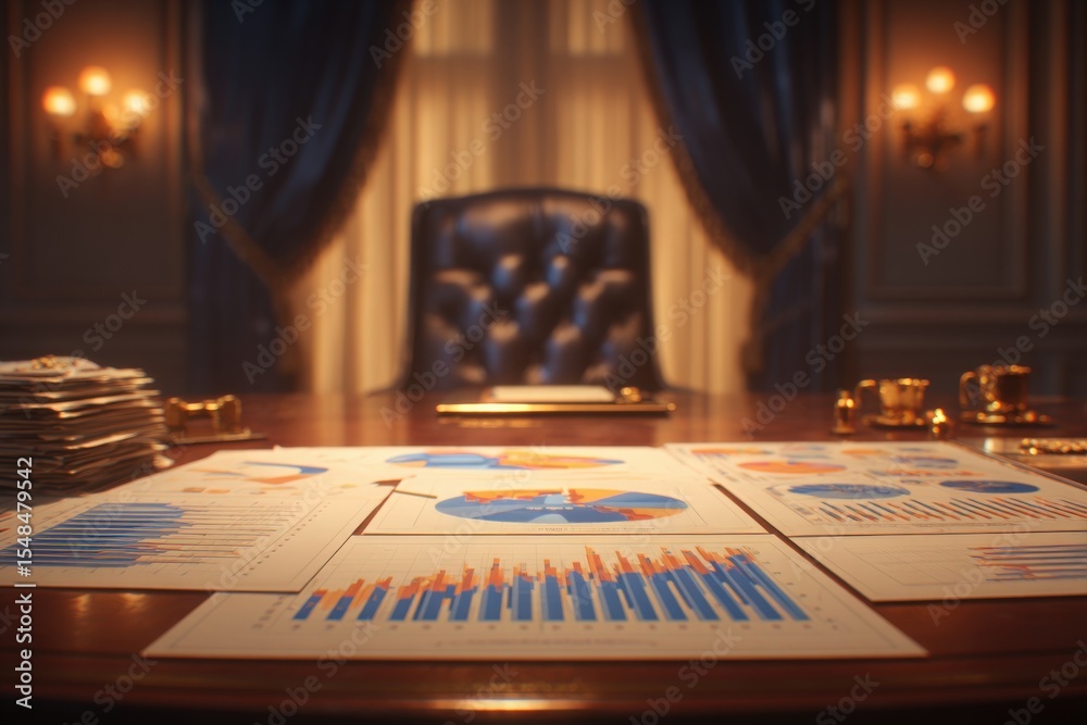 A wooden conference table displays various financial charts and graphs. A luxurious chair sits in the background, while papers, pens, and coffee cups are arranged neatly around the table.
