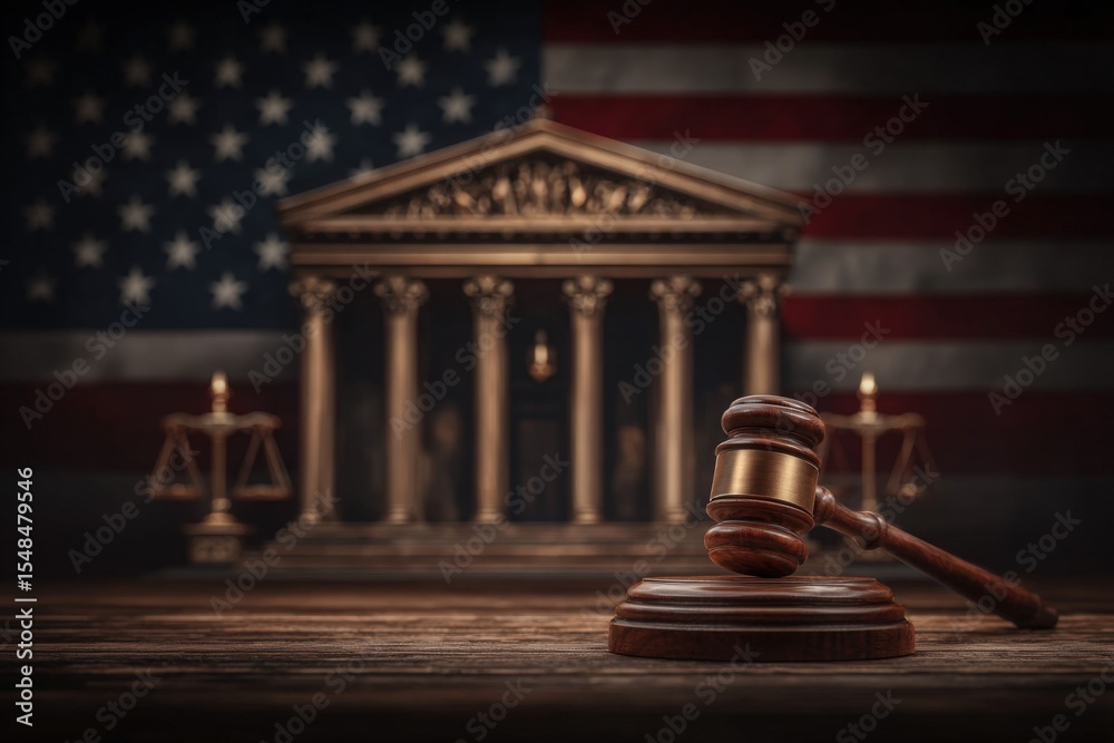A wooden gavel is positioned on a block in front of a majestic courthouse adorned with columns. An American flag serves as a backdrop, symbolizing justice and the legal system.