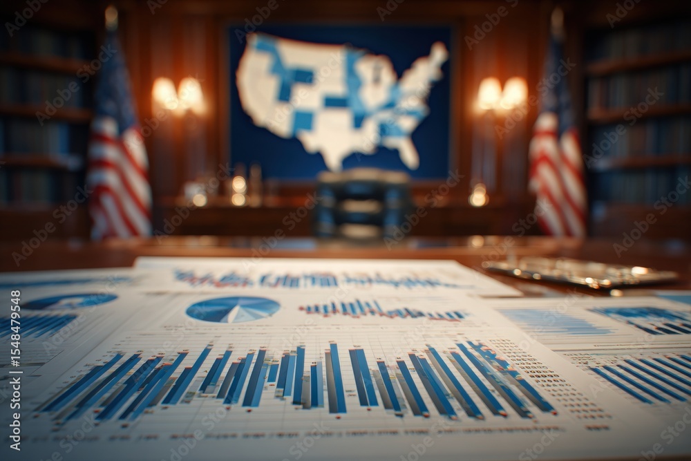 In a well-decorated governmental office, detailed charts and graphs are spread across a desk.