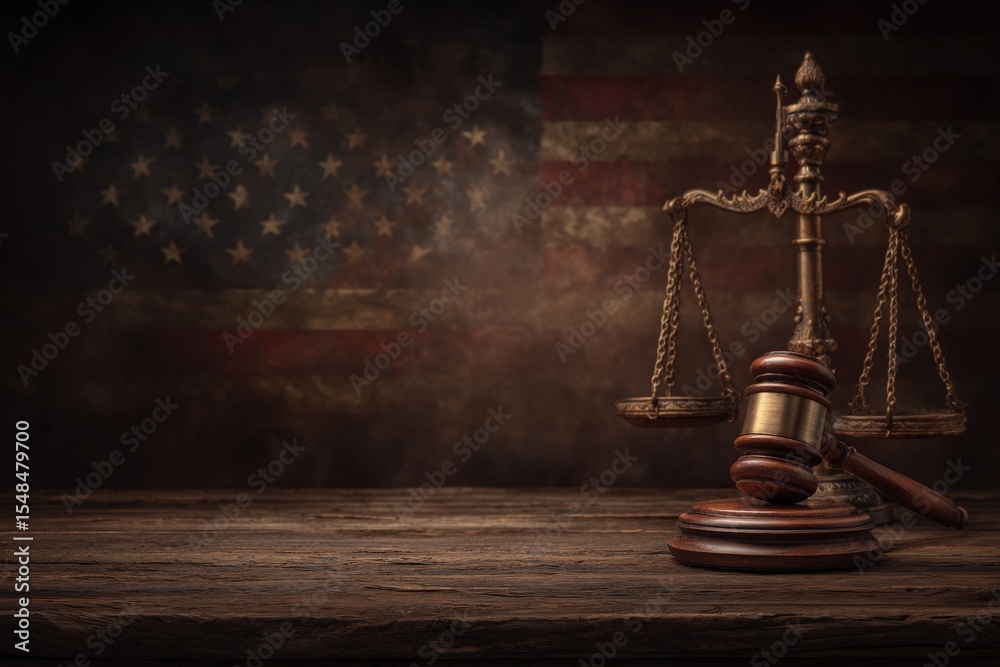 A traditional scale of justice rests beside a gavel on a weathered wooden surface. The backdrop features a faded American flag, symbolizing law and order. The scene conveys a sense of authority.