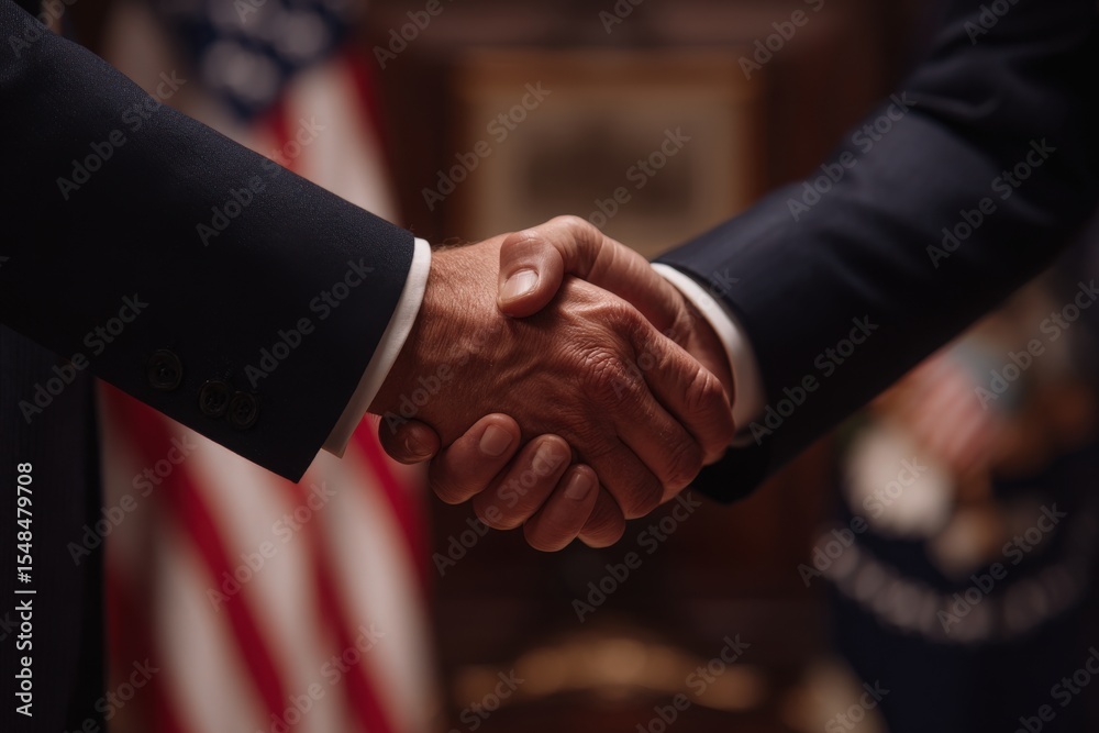 Two hands firmly shake in a symbolic gesture of agreement. The background features an American flag, suggesting a formal diplomatic meeting. The atmosphere conveys seriousness and unity.