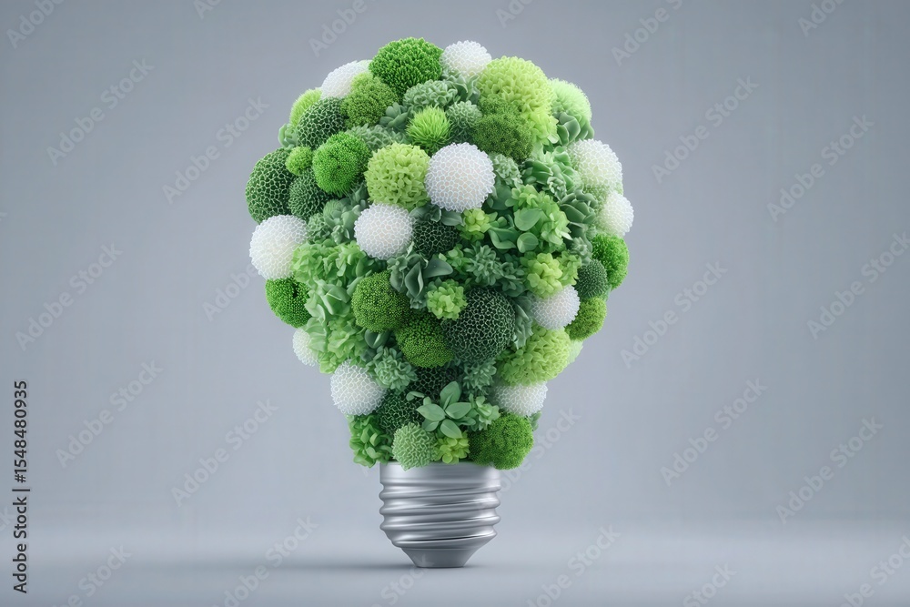 A unique light bulb shaped design composed of lush greenery and assorted plants showcases eco-friendliness and innovation. The blend of colors and textures emphasizes sustainability and creativity.