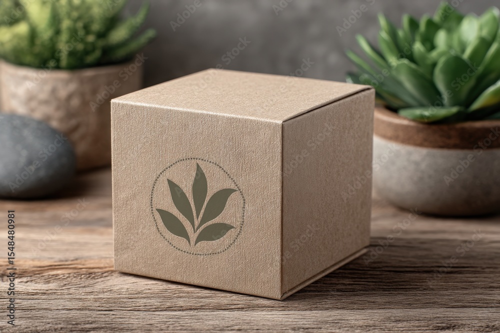 A sophisticated brown cardboard box sits on a rustic wooden surface, surrounded by green indoor plants in textured pots. The delicate logo features a leaf design, enhancing its natural appeal.