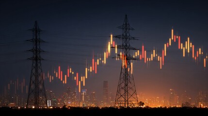 Poster - Night Cityscape Electricity Power Grid Energy Stock Market Candlestick Chart Financial Investment Growth Modern Technology Infrastructure Development Urban Landscape Nighttime     