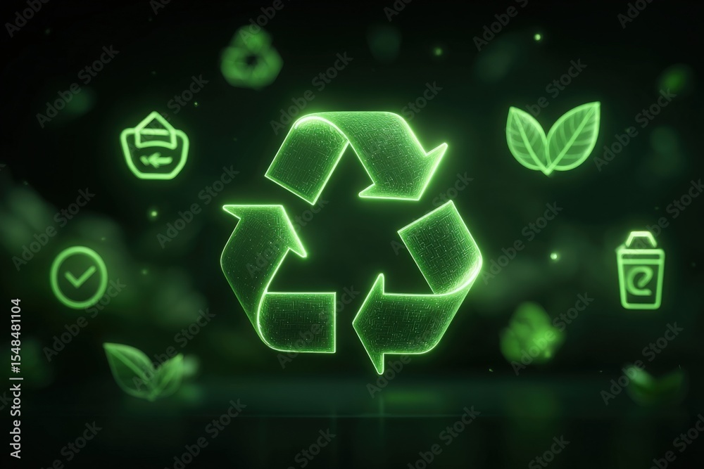 A vivid green recycling symbol takes center stage, illuminated against a dark background. Surrounding it are various eco-friendly icons, emphasizing themes of sustainability and environmentalism.