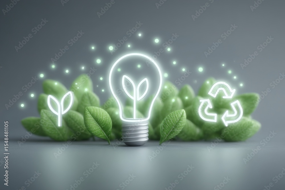 A glowing light bulb with leaves inside symbolizes eco-friendly ideas. Surrounding it are green leaves and recycling symbols, conveying a message of sustainability and environmental awareness.