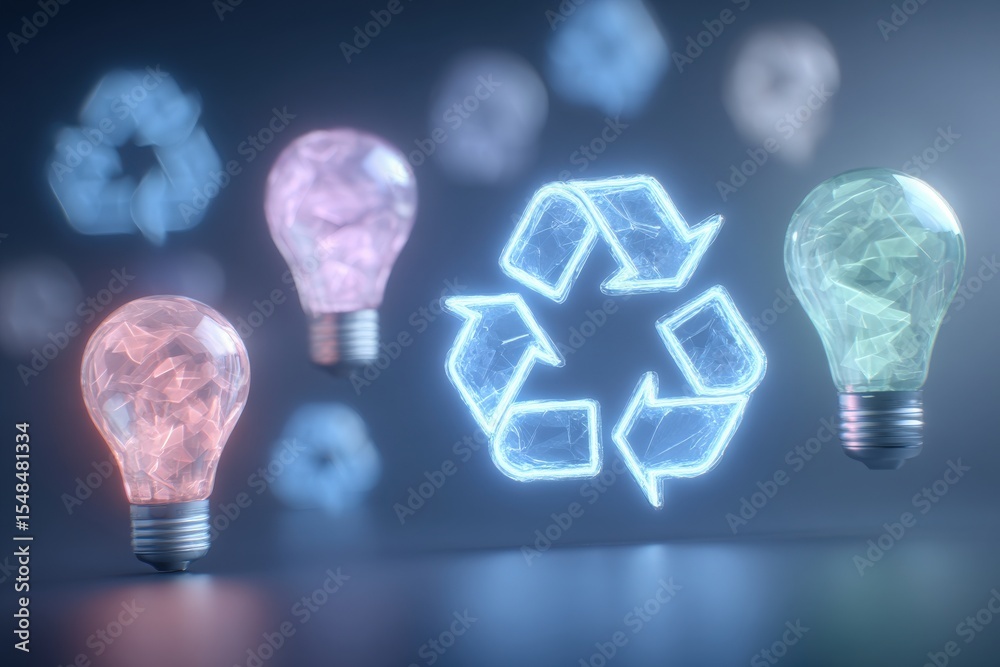 Colorful light bulbs surround a glowing recycling symbol, emphasizing the importance of sustainability and eco-friendly practices. This modern illustration highlights innovative design concepts.