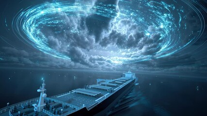 Poster - Large cargo ship sailing on calm ocean at night under futuristic swirling blue light display illuminating clouds, symbolizing innovation in marine logistics and global connectivity
