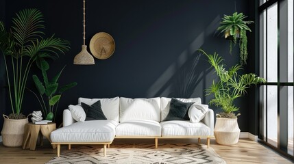 Poster - Elegant living space with white couch and tropical greenery against dark navy wall