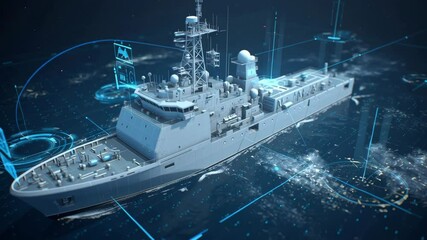 Poster - Modern warship sailing on ocean at night, using futuristic digital interface displaying tactical information, enhancing navigation and situational awareness in a dark and dramatic atmosphere