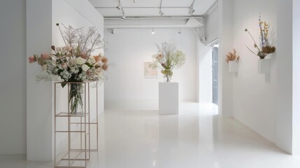 Poster - Clean white gallery space featuring floral arrangement and geometric display stand