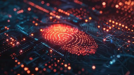 Aufkleber - Biometric red fingerprint glowing on dark tech interface, security ID verification