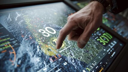 Aufkleber - Hand of a ship captain using touchscreen to plot navigation route on a digital chart, integrating gps, radar, and weather data for precise maritime journey