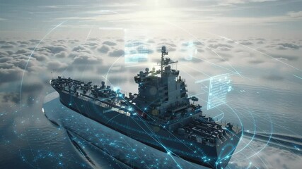 Poster - Futuristic cargo ship sailing on the ocean using augmented reality interface system, displaying holographic data and analysis for efficient navigation and logistics