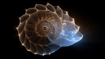 Poster - Abstract Spiral Shell Design Golden Blue Hues Elegant Intricate Digital Art Modern Artistic Background Intricate Pattern Glowing Lines Sea Shell Inspired Unique Design High        