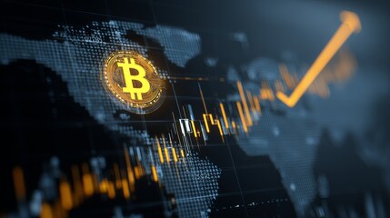 Aufkleber - Global Bitcoin Cryptocurrency Market Growth Digital Finance Technology Blockchain Investment Financial Orange Yellow Data Chart World Map Background Futuristic Modern Business     