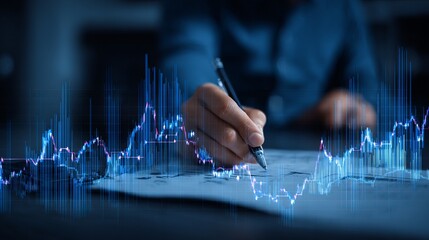 Aufkleber - Financial Analyst Hand Writing on Stock Market Report Blue Glowing Digital Chart Investment Business Data Analysis Economic Graph Corporate Finance Banking Investment Strategy risk