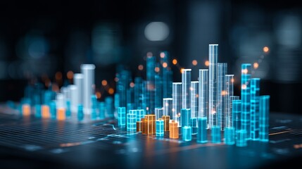 Poster - Abstract Digital Cityscape Data Visualization Futuristic Technology Business Growth Financial Report Modern Graphic Design Element Blue Orange Neon Lights 3D Render Illustration   