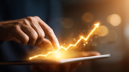 Aufkleber - Golden Upward Trend Arrow Growth Business Success Financial Data Analytics Digital Technology Tablet Screen Hand Touching Innovative Startup Progress Development Future Planning   