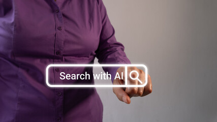 Poster - Business person's hand pointing at a search bar with AI
