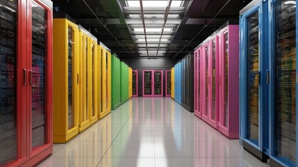 Poster - Colorful Server Room Data Center Technology Infrastructure Bright Servers Network Technology Digital Colorful Servers Modern Data Center Technology Infrastructure  Digital Network 