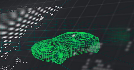 Poster - Displaying wireframe sports car model rotating on gray grid, with world map overlay, glowing nodes