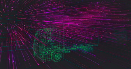 Poster - Floating wireframe semi-truck rising above virtual grid with neon data stream streaks, copy space