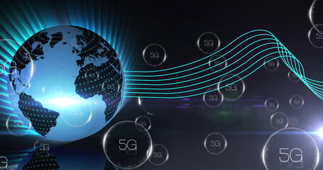 Poster - Shining blue Earth globe displaying binary digits on left in futuristic network, with 5G bubbles