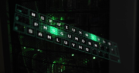 Poster - Floating holographic keyboard overlay glowing inside chassis, with mesh panel, LED fans and cables