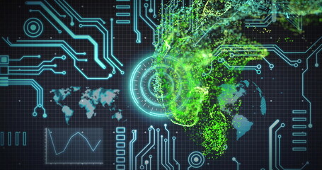 Poster - Swirling neon green vortex overlaying circuitry on digital interface, with HUD target, copy space