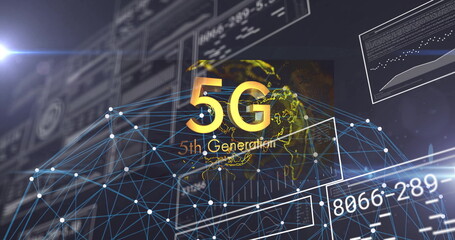 Poster - Glowing 5G 5th Generation labels hovering above globe in virtual space with mesh network, UI panels