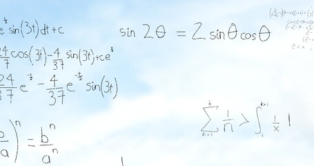 Poster - Floating handwritten formulas drifting in pale blue sky, with integrals and trig identities