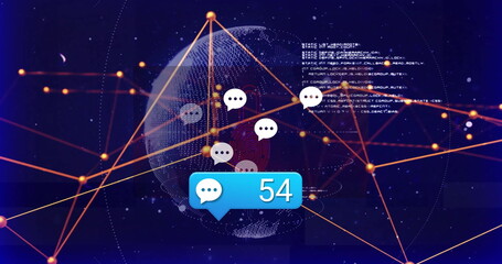 Poster - Featuring blue chat-bubble counter atop dotted globe in network with code, orange lines, chat icons