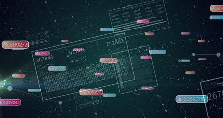 Poster - Displaying translucent keyboard blueprint in network grid, with UI panels, numeric labels and nodes