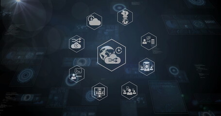Poster - Displaying hexagonal globe-and-arrows icon on control panel, with cloud, database and gear icons